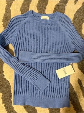 Stitches Women's Periwinkle Open-Knit Ribbed Crewneck Sweater